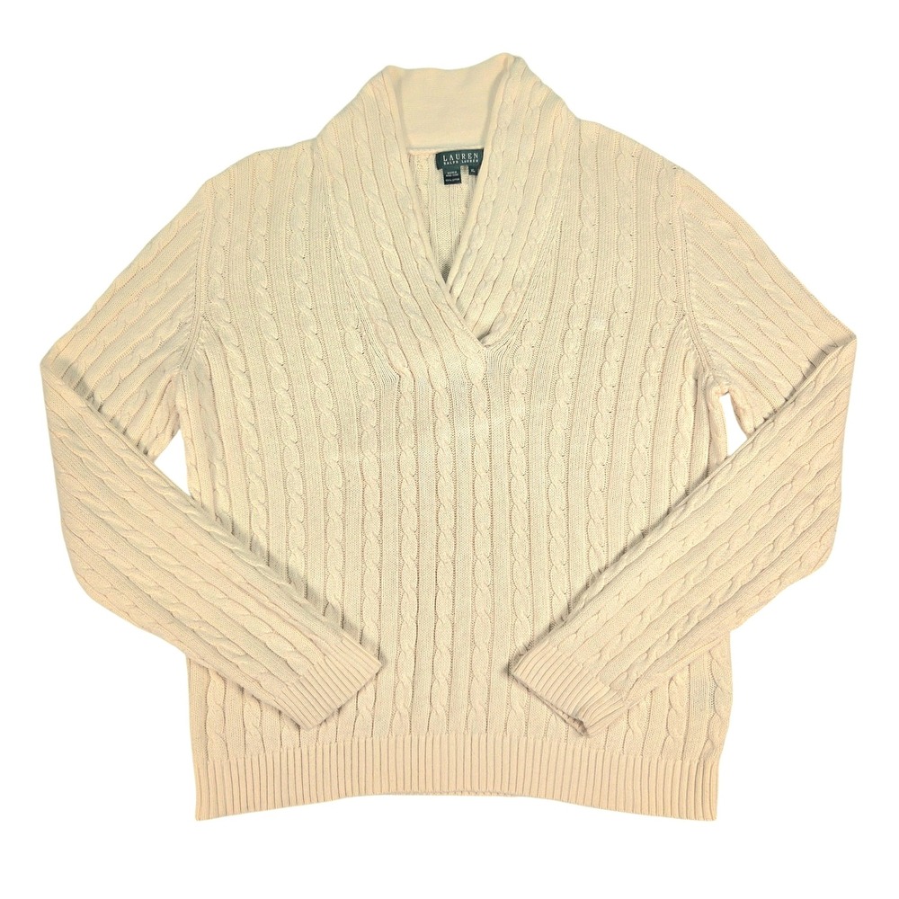 Lauren Ralph Lauren Sweater Womens XL Cream Cable Knit Shawl Collar Cotton Logo
